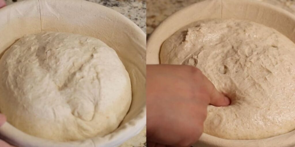 Poke test of sourdough bread